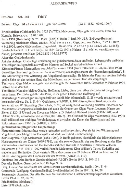 Friedhofsliste Olga Malcomess